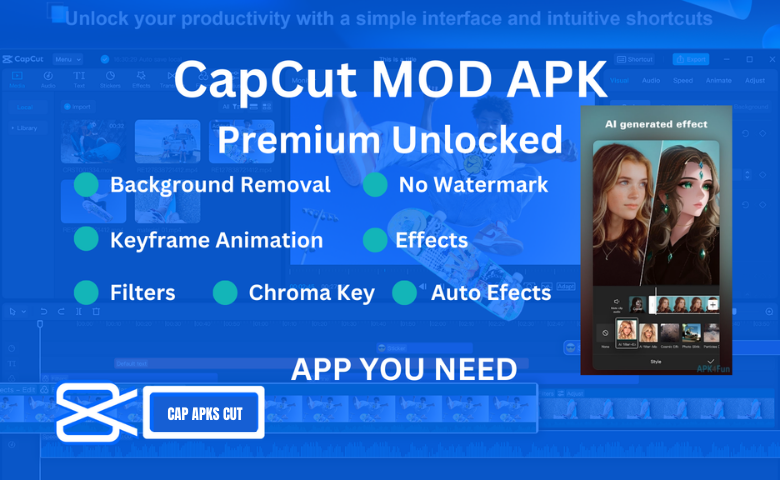 capcut mod apk banner with features, no watermark, keyframe animation